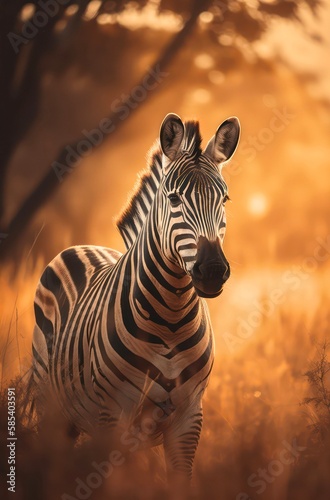 Zebra is walking across savanna under sunlight. Generative AI.