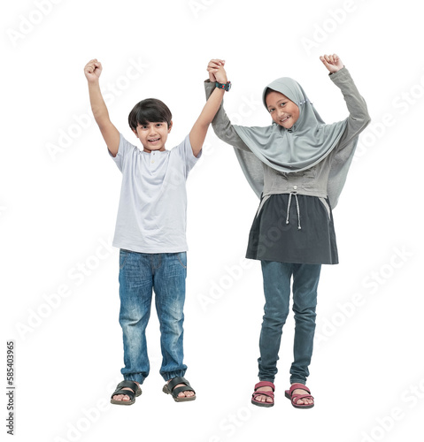 two young asian brother and sister sibling over white background