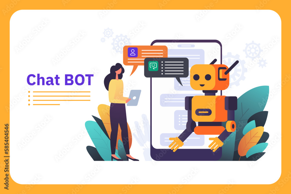 Chatbot robot providing online assistance. Chat GPT conversation with a person. Use of AI in customer service and support or messaging. Vector illustration