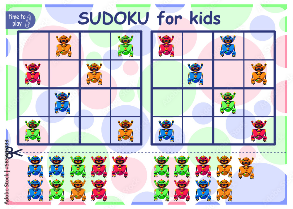 Fototapeta premium Solve the sudoku puzzle. Logic puzzle for kids. Education game for children. Worksheet vector design for schoolers. robots