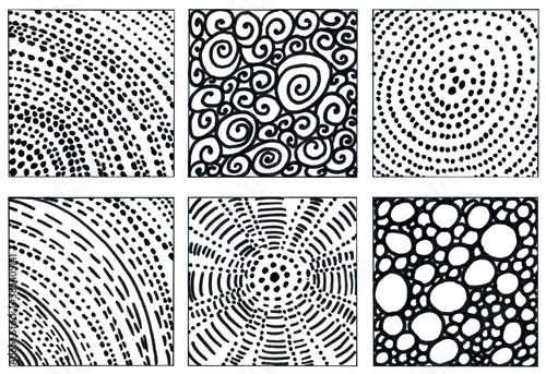 Arcuate, spiral, radial, mesh abstract textures on a white background. Hand drawn texture set. Illustration.