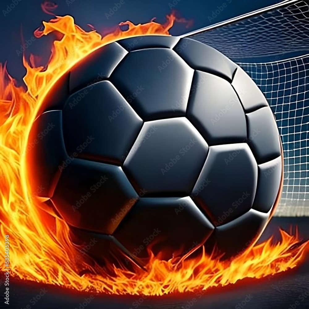 Fototapeta premium Fiery Soccer Ball In Goal With Net In Flames