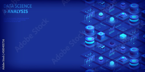 Modern isometric design concept of data science and analysis. Technology background. Illustration for websites, landing pages, mobile applications, posters and banners