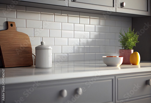 Close up details of contemporary white apartment kitchen with subway tiles, AI Generated