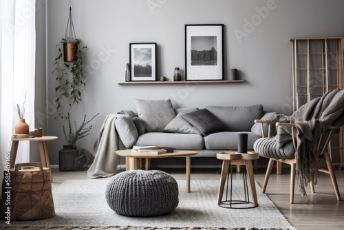 Minimalist living room with gray couch, newspaper holder, macrame, plaid, cushions, mock up poster frame, and stylish accessories. Interior design. Template. Gray. Generative AI
