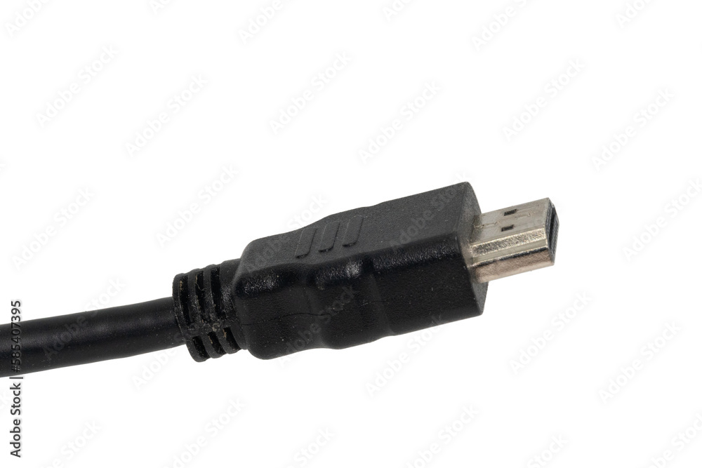 Ein Schwarzes HDMI Kabel und deren Anschluss von der Seite Schräg auf Transparenten Hintergrund Ein Schwarzes HDMI Kabel und deren Anschluss von der Seite Schräg auf Transparenten Hintergrund