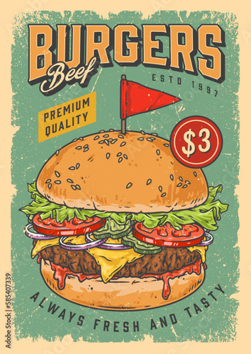 Burger beef colorful vintage flyer