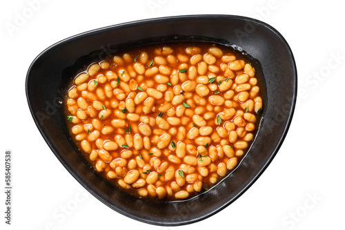 Baked beans in tomato sauce in a plate.  Isolated, transparent background.