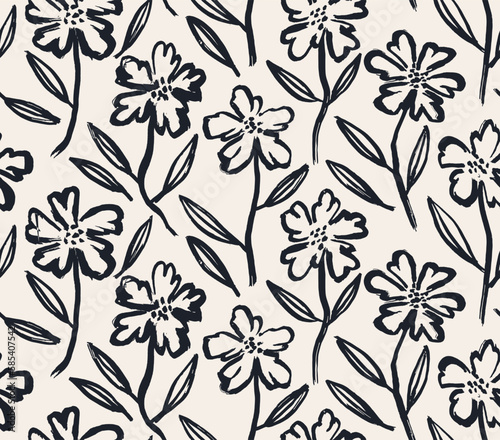 flowers hand drawn seamless pattern. ink brush texture. 