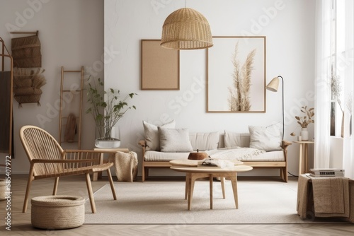 Scandinavian home design, light living room with neutral wooden furnishings,. Generative AI © AkuAku