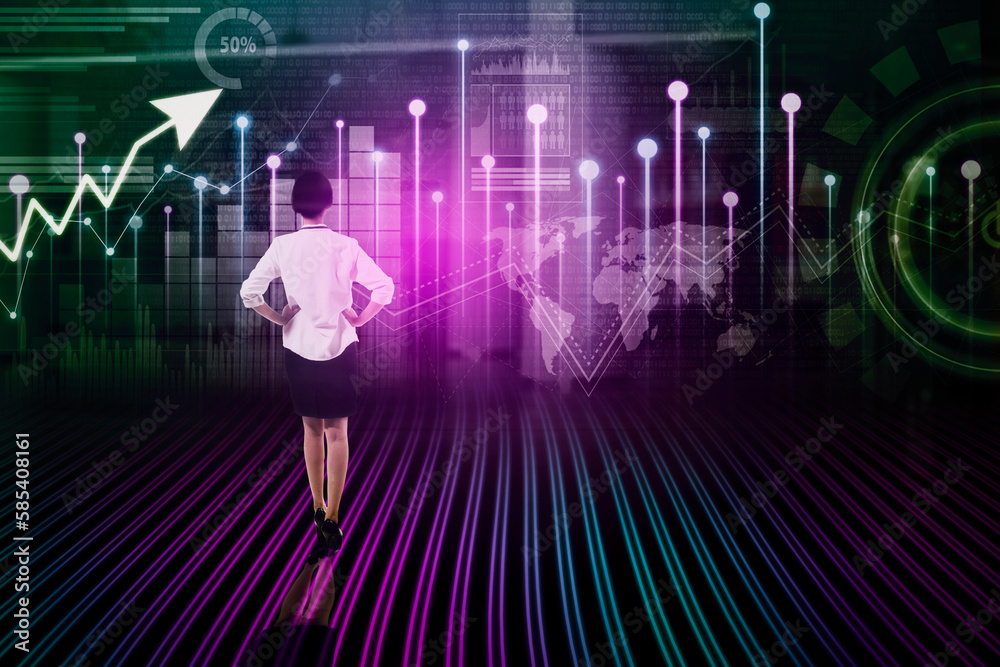 Rear view of businesswoman looking at data with metaverse background Rear view of businesswoman looking at data with metaverse background