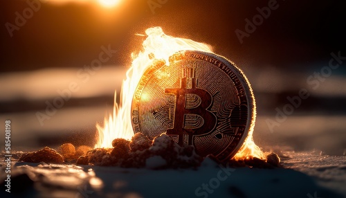 Bitcoin coin on fire on a dark background. Generative AI photo