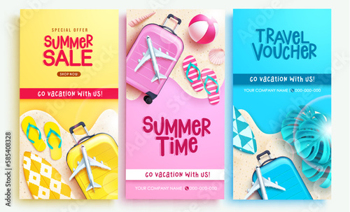 Summer sale vector poster set. Summer time, sale and travel voucher text coupon for tropical season advertisement. Vector illustration summer certificate.
