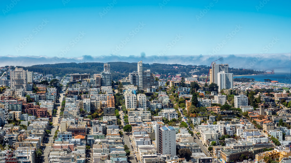 San Francisco view from top of the historical Coit Tower across the panoramic city shape
