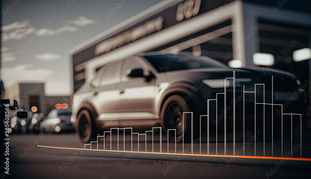 Stock chart with a strong rising and falling line with car at the dealership in background Stock chart with a strong rising and falling line with car at the dealership in background