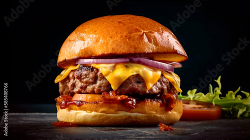 A juicy burger with beef cheese caramelized. photo