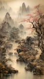 Chinese ink and watercolor illustration of a river through a mountain landscape. AI generated.