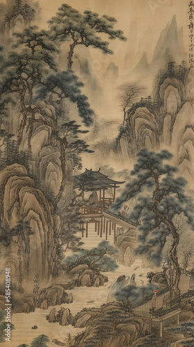 Chinese ink and watercolor illustration of a mountain landscape with a pagoda. AI generated.