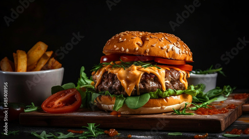 A juicy burger with beef cheese caramelized.