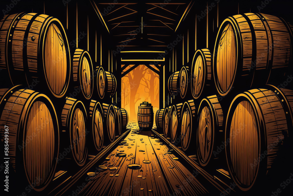 Illustration of a Distillery Barrel Room with Whiskey Barrels Aging, generative ai