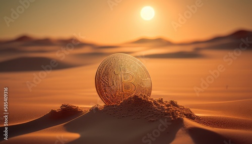 Bitcoin coin in the desert with sun rays in the background. Generative AI
