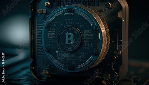 Bitcoin coin with extreme detail and on dark background with blue light. Generative AI