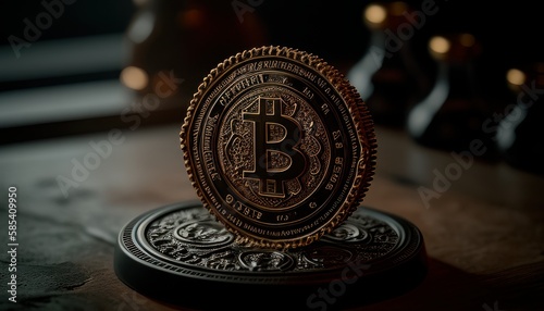 Bitcoin coin with extreme detail and on dark background. Generative AI