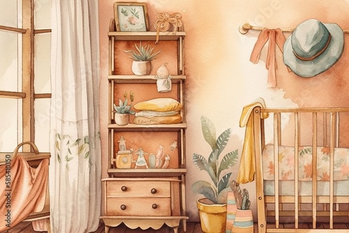 Watercolor vintage nursery. Hand painted nursery décor featuring baby frock, hat, house plant, and cushions on shelf. Artwork for greeting card, print, baby shower invitation, social media