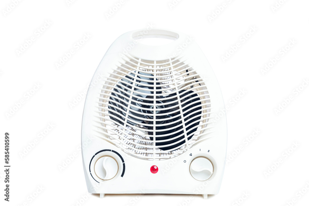 Small indoor plastic fan heater. Adjustment of air temperature in the room. Front view. Isolated on white background. Close-up. Small indoor plastic fan heater. Adjustment of air temperature in the room. Front view. Isolated on white background. Close-up.