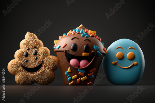 Cartoon smiling, crazy unhealthy and junk food splash, Assortment take out and fast foods selection characters on black background, AI Generative.