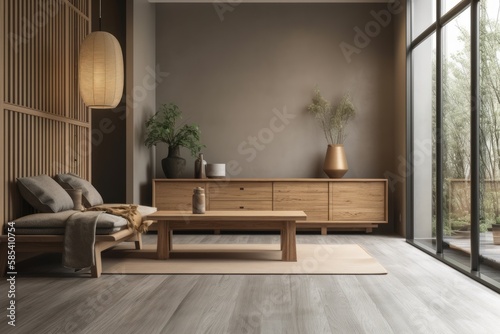 Japanese living room  architect interior designer idea. Wooden dresser with wall mockup. Generative AI