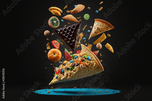 Levitation unhealthy and junk food splash, Assortment of take out and fast foods on black background, carbohydrates food, high-fat, high-calorie, guilty pleasure, AI Generative.