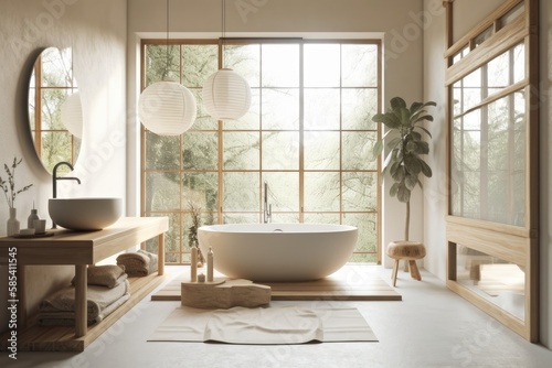 White and bleached Japanese minimalist bathroom. Bathtub and washbasin. Farmhouse decor,. Generative AI © AkuAku