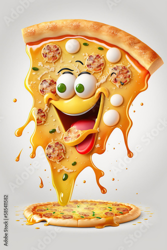 Levitation cartoon smiling, crazy pizza piece food splash, take out and fast food characters, carbohydrates food, high-fat, high-calorie, guilty pleasure, AI Generative.