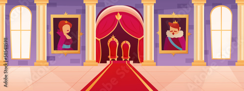 King royal interior. Family castle. Two thrones. Monarch portraits. Images in queen palace. Medieval guard. Magic warrior. Curtains and carpet in ballroom. Vector recent cartoon background