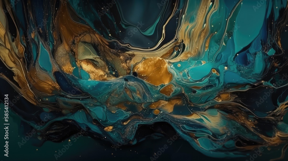 Contemporary design art, green-blue and gold marble texture, abstract background, generative ai