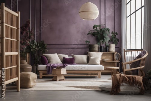 White and purple Japanese living room with copy space. Sofa and hanging chair. Wabi sabi decor,. Generative AI © AkuAku