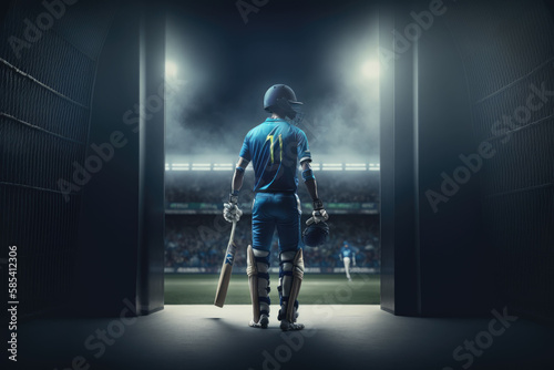 Cricketer walking into the stadium. Generative AI.