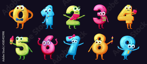 Numbers with smile faces. Cartoon characters. Cute math icons. Numeral symbols. Mathematics font. Arithmetic mascots with hands and legs. Emotions and gestures. Vector school recent set