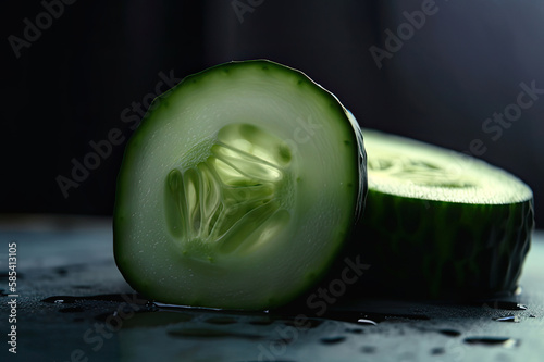 Cucumber, fresh cucumber plucked from the garden in the morning lies on the table on a dark background with blur Generative AI photo