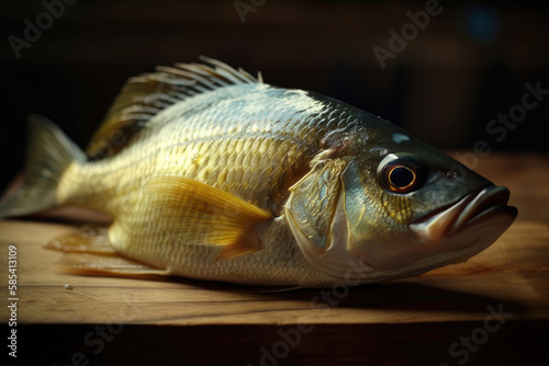 Dorado, freshly caught dorado fish, lies on a wooden table, on a dark blurred background Generative AI