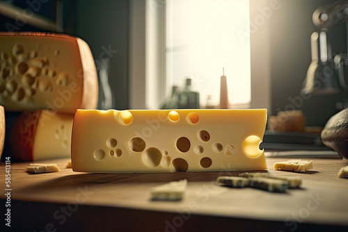 Cheese, fresh cheese is only sliced, lies on a table on a dark background Generative AI photo