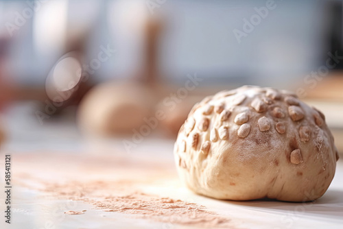 Bread, a small freshly baked piece of bread lies on a table with sprinkles on a bakery light blurred background Generative AI photo