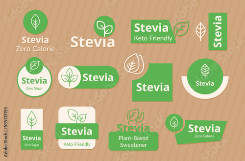 Stevia leaf keto friendly zero sugar healthy food cooking ingredient line icon label set vector