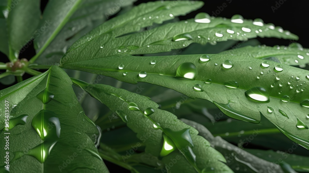 water drops on a green leaf plant, photorealistic image, generative AI water drops on a green leaf plant, photorealistic image, generative AI