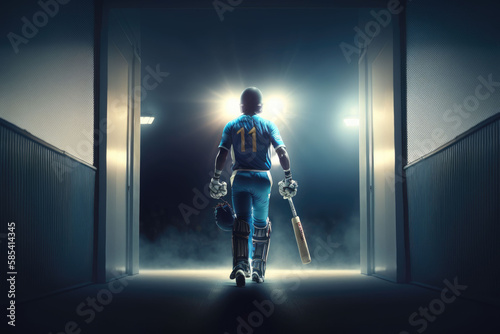 Cricketer enters the stadium in a blue jersey. Generative AI.
