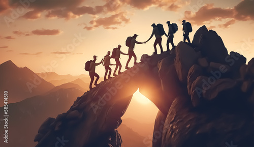 Hiking team people helping each other friend giving a helping hand while climbing up on the mountain rock adventure travel concept of sunset friendship support trust teamwork success. Created with AI