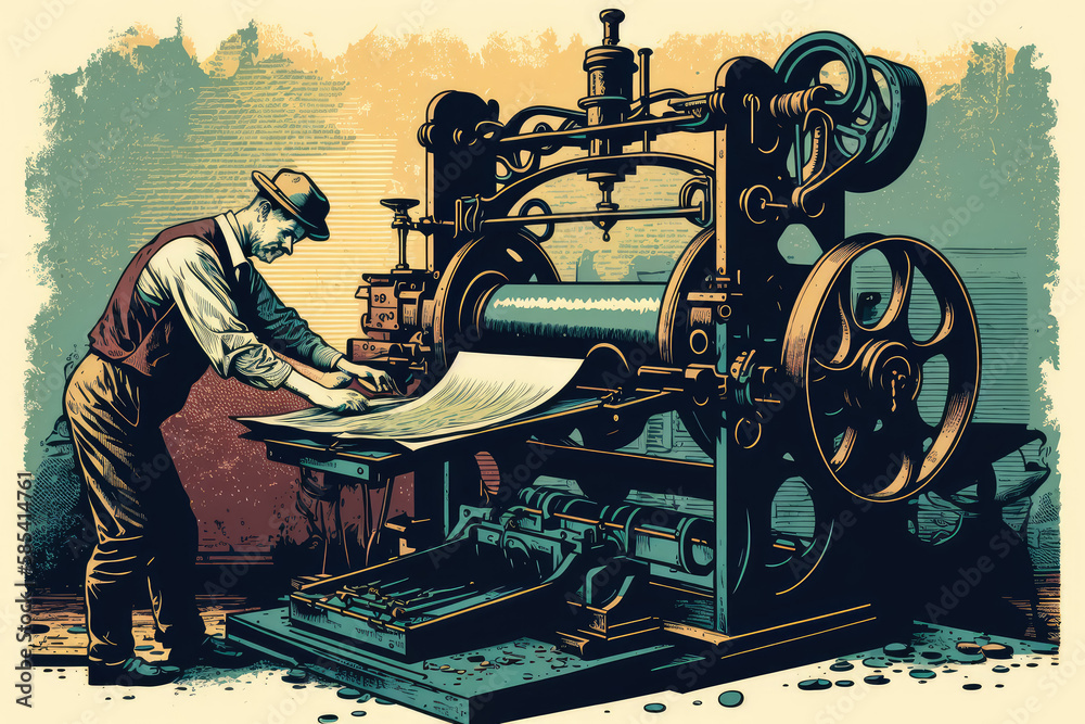 Poster Print Vintage printing press in action with a skilled pressman operating the machine a 40x26.7 cm