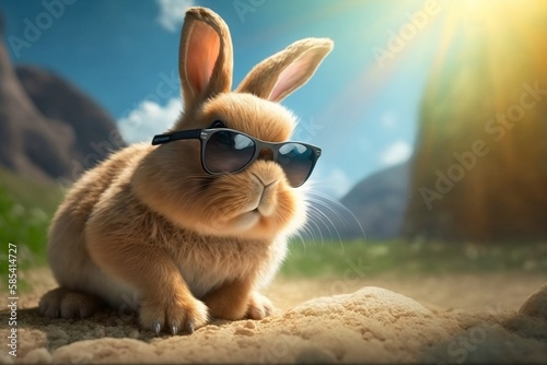 Cute rabbit in beach wearing sunglasses