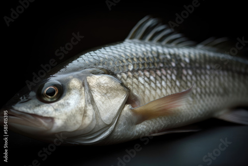 Fresh whole white fish on dark background Generative AI photo